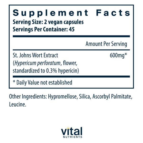 Suplemento Hierba de San Juan 600mg Vital Nutrients frasco y cápsulas