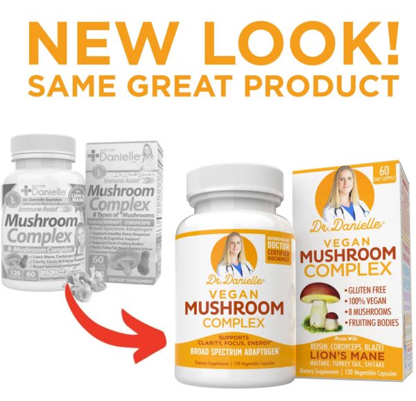 Etiqueta frontal suplemento de hongos con Melena de León y Reishi