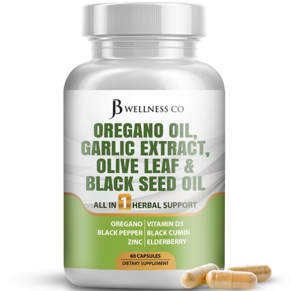 Suplemento JB Wellness aceite de orégano ajo hoja de olivo