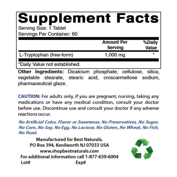 Suplemento L-Triptófano Best Naturals sin gluten y sin OGM 60 tabletas