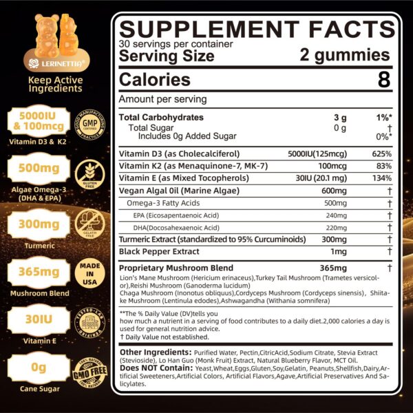 Suplemento Lerinettia con vitamina D3-k2 omega 3 y cúrcuma