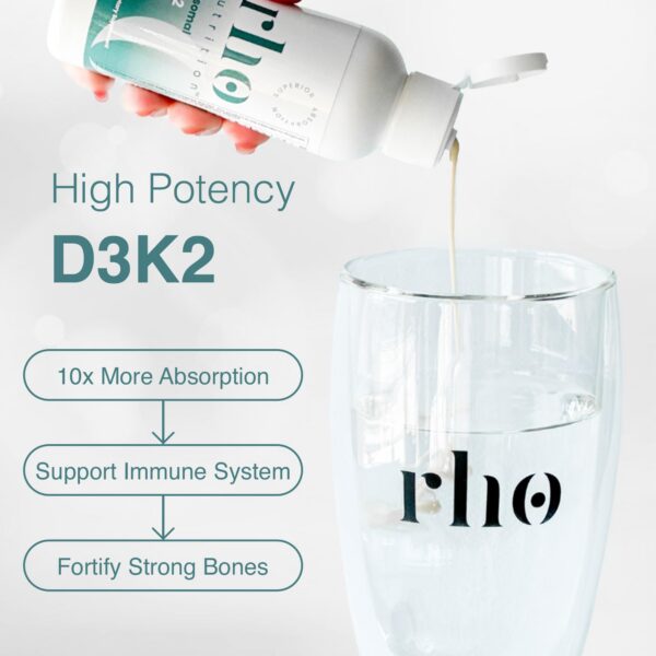 Suplemento líquido Rho D3 K2 con etiqueta visible y diseño rojo