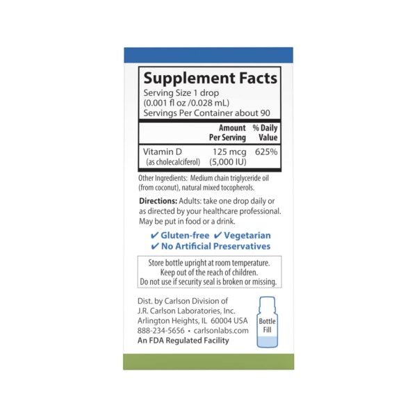 Suplemento líquido vitamina d3 5000 ui Carlson sin sabores ni lácteos