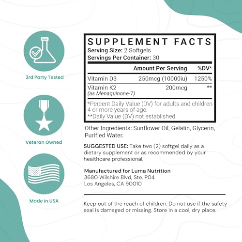 Suplemento Luma Nutrition D3 y K2 para salud ósea y cardiovascular