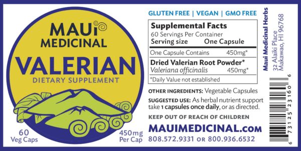 Suplemento Maui Medicinal raíz valeriana orgánica cápsulas veganas