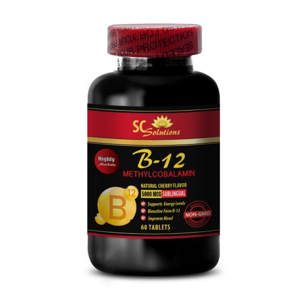 Etiqueta frontal vitamina B-12 para energía y antienvejecimiento