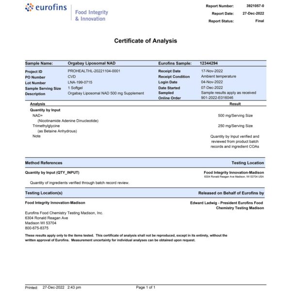 Suplemento NAD+ liposomal Orgabay envase 600 cápsulas