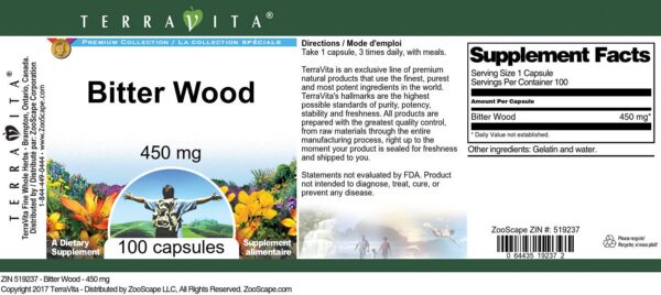 Version 1.0.0 Suplemento natural Bitter Wood 450 mg TerraVita botella