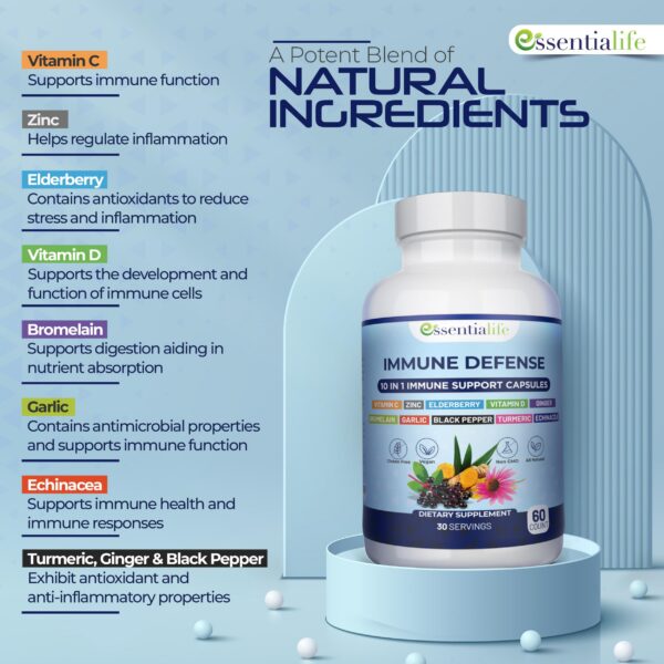 Suplemento natural Essentialife con ingredientes potentes para sistema inmune