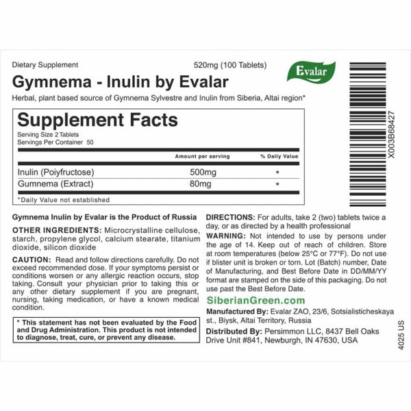 Suplemento natural Evalar con extracto de Gymnema Sylvestre y inulina