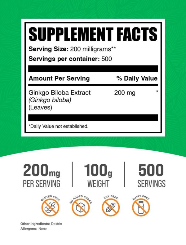 Suplemento natural ginkgo biloba polvo sin gluten 100g