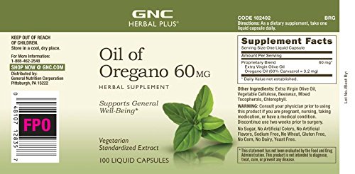 Suplemento natural GNC aceite de orégano 100 cápsulas