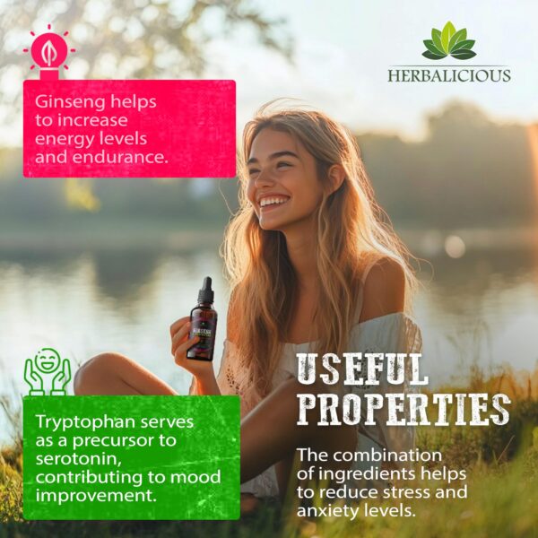 Suplemento natural en gotas ginseng y hierbas para estrés y ánimo