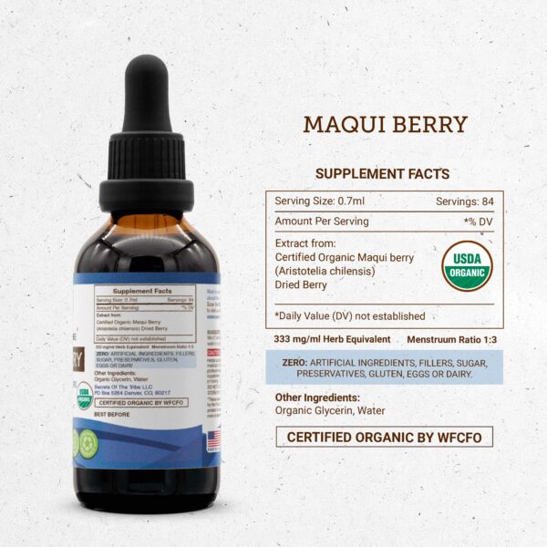 Suplemento natural orgánico Secrets of the Tribe Maqui berry tintura