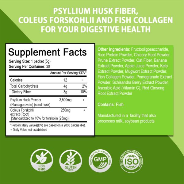 Suplemento natural psyllium forskohlii colágeno digestivo control peso