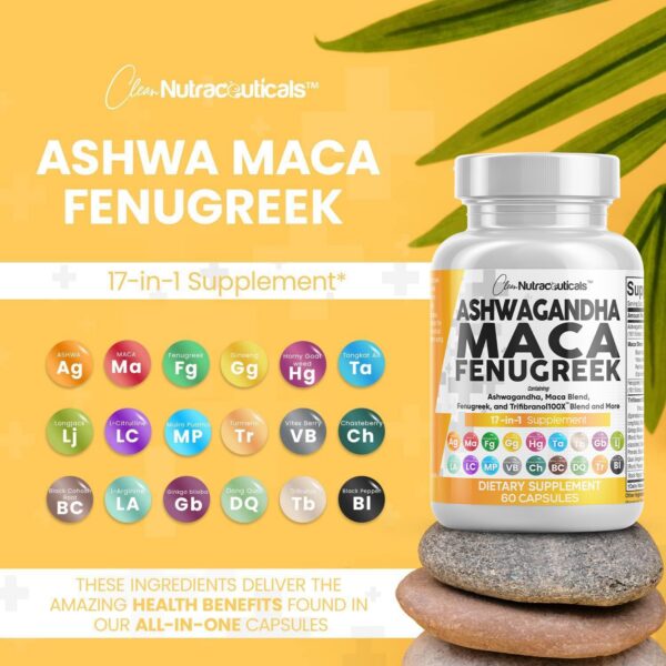 Suplemento natural raíz maca y ashwagandha para apoyo tiroideo y ánimo