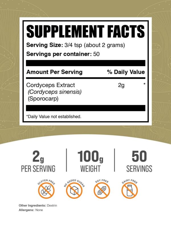 Suplemento natural vegano polvo Cordyceps BulkSupplements