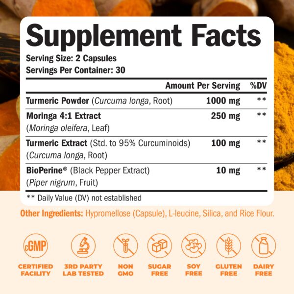 Suplemento natural Vimerson Health con curcumina y extracto de moringa