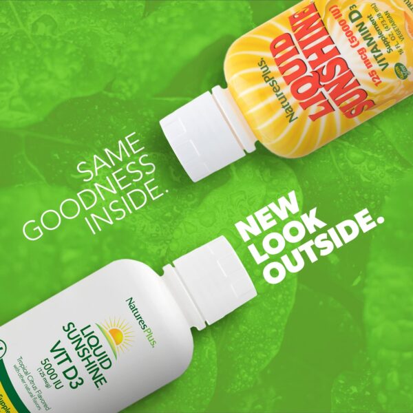 Suplemento Natures Plus D3 5000 UI líquido sabor tropical frasco frontal