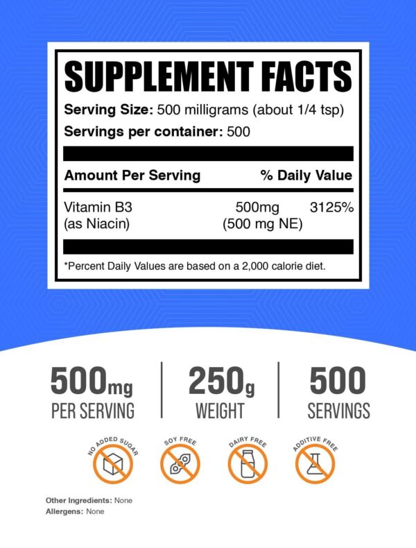 Suplemento niacina 500mg sin gluten BulkSupplements polvo