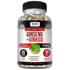 Frasco de suplemento nootrópico Kaya Naturals Ginseng Rojo y Ginkgo Biloba