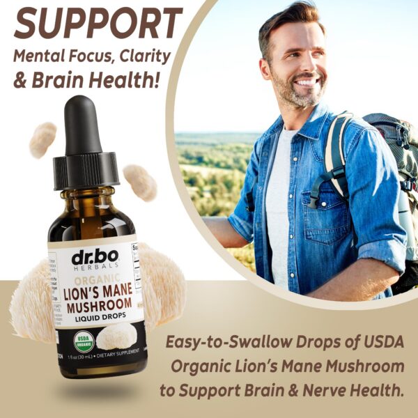 Suplemento nootrópico Lions Mane gotas para enfoque y memoria