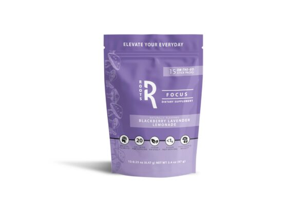 Version 1.0.0 Suplemento nootrópico Roots Focus sabor limón lavanda mora