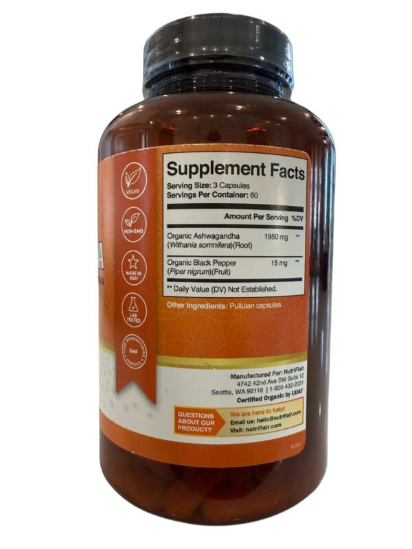 Suplemento NutriFlair Ashwagandha con pimienta negra orgánica