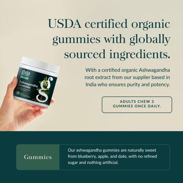 Suplemento orgánico Gaia Herbs Ashwagandha gomitas 120ct sin lácteos