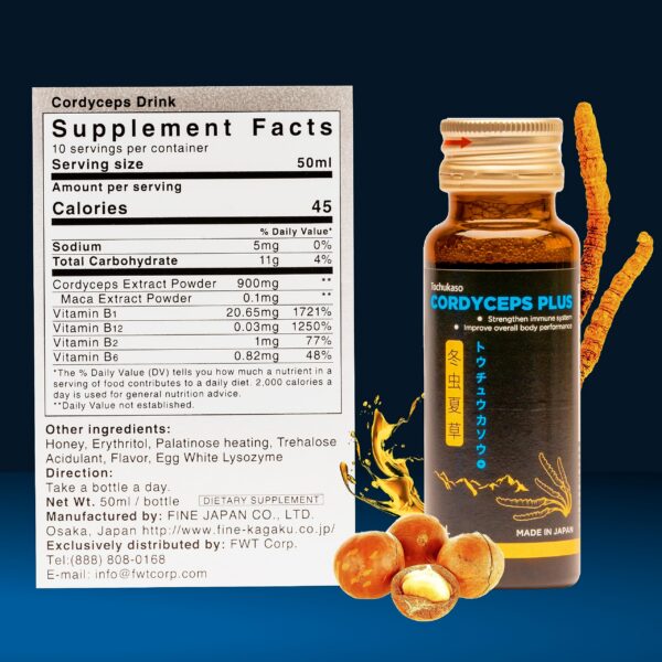 Version 1.0.0 Suplemento orgánico líquido con infusión de macadamia y cordyceps