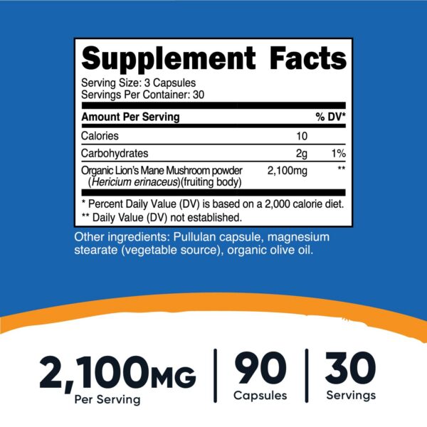 Suplemento orgánico melena de león Nutricost 2100mg por dosis