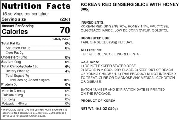 Suplemento natural Pocheon ginseng rojo coreano en rodajas con miel