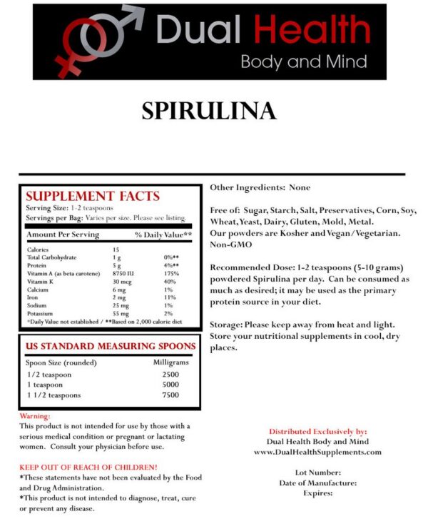 Bolsa suplemento spirulina Dual Health Body Mind 5 lbs