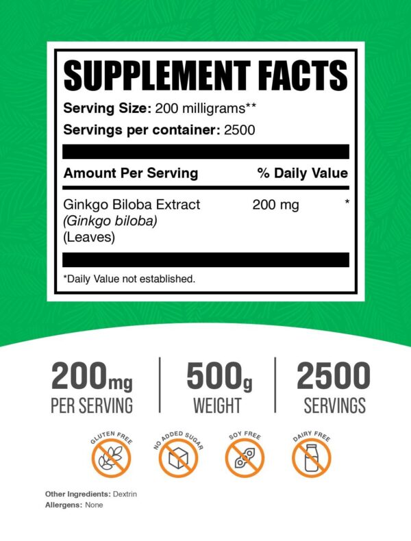 Suplemento en polvo Ginkgo Biloba 200mg BulkSupplements