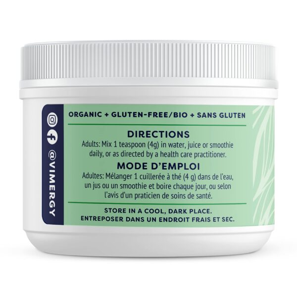 Suplemento en polvo Vimergy hierba de cebada orgánico lado del paquete