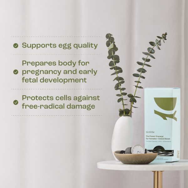 Suplemento prenatal bird&be con ingredientes para salud ovárica