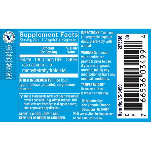 Suplemento prenatal metilfolato The Vitamin Shoppe 60 cápsulas