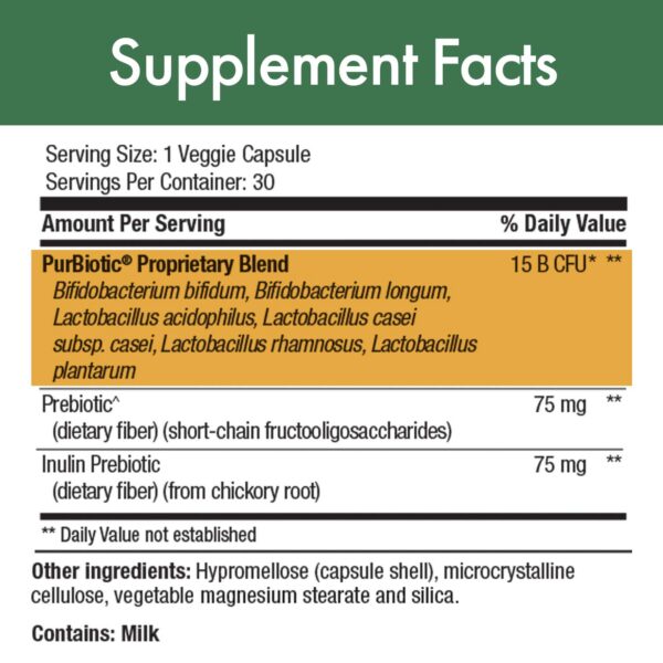 Suplemento PurBiotic para soporte digestivo con probióticos y prebióticos