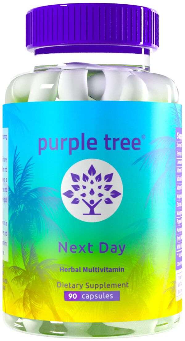 Version 1.0.0 Frasco de suplemento purple tree Next Day con ingredientes naturales