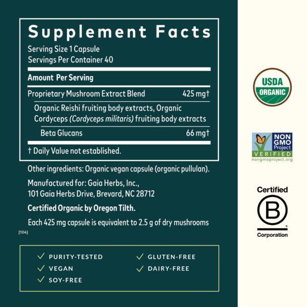 Suplemento con reishi y cordyceps Gaia Herbs salud pulmonar