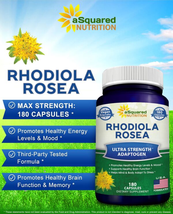 Suplemento Rhodiola Rosea con etiqueta frontal