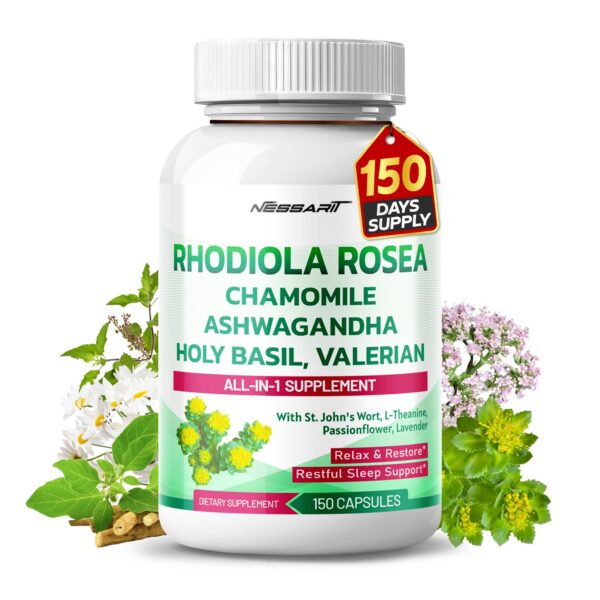 Suplemento Rhodiola Rosea Nessarit en frasco de 150 cápsulas