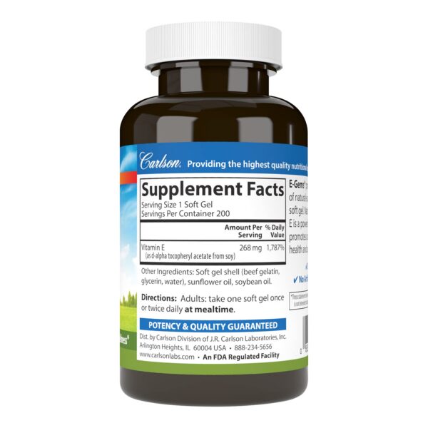 Suplemento salud cardiaca vitamina E Carlson 200 cápsulas blandas
