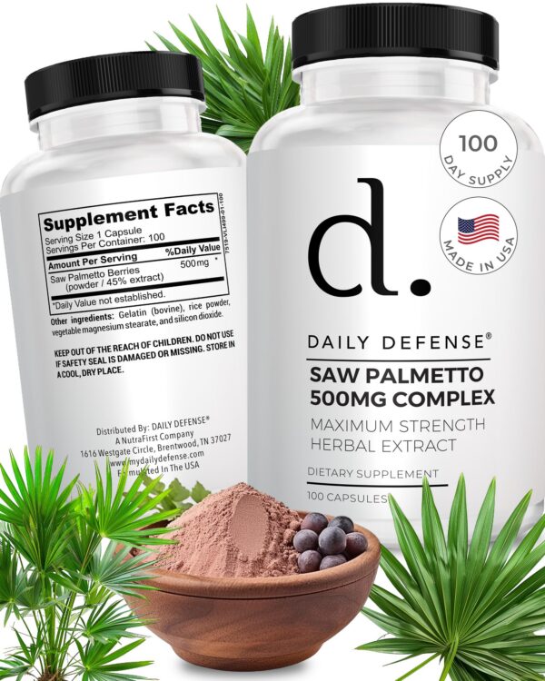 Suplemento de salud prostática Saw Palmetto Daily Defense frasco