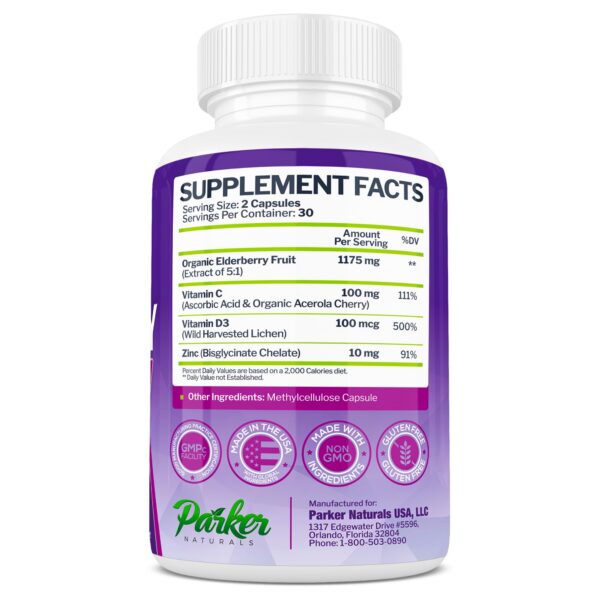 Suplemento de saúco Parker Naturals vitaminas C D zinc