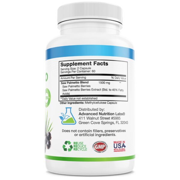 Version 1.0.0 Envase de suplemento Saw Palmetto Advanced Nutrition Labs para salud próstata