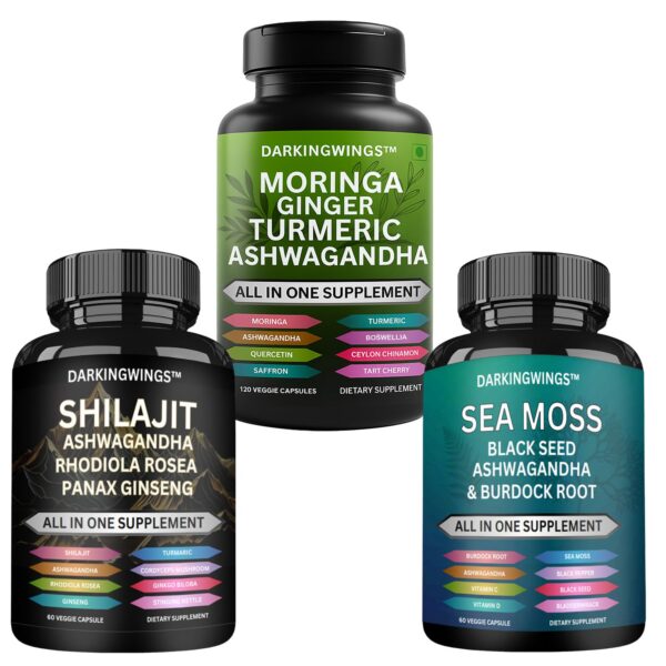 Frasco de suplemento Shilajit con cúrcuma y moringa para hombres