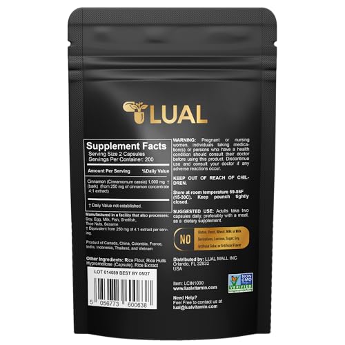 Suplemento sin azúcar canela cassia LUAL 400 caps