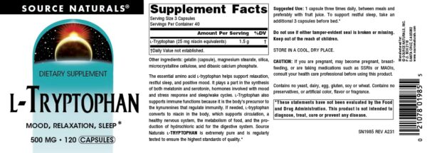 Suplemento Source Naturals sin alérgenos L-Triptófano 500mg 120 caps