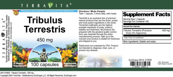 Version 1.0.0 Suplemento Tribulus Terrestris 450 mg respaldo botella TerraVita